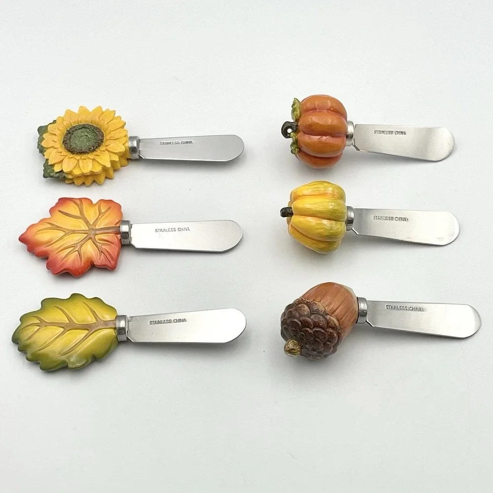 Vintage 2000s Autumn Harvest Cheese Spreaders Sunflower‎ Pumpkin Leaf Acorn Set